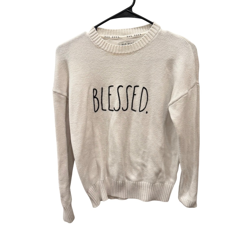 Rae Dunn Blessed Sweater Cream Knit Long Sleeve Crew Neck Pullover Small - Picture 1 of 7